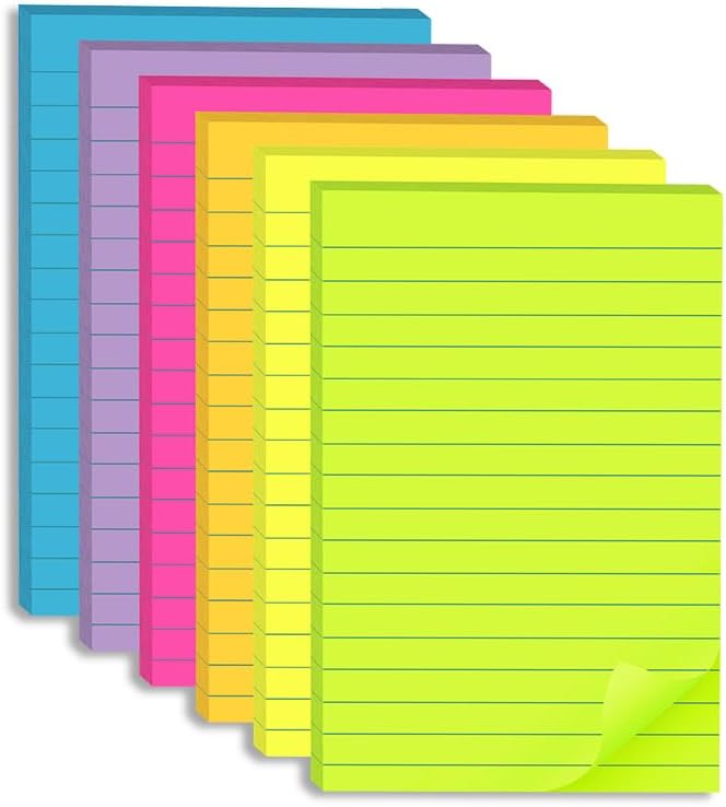 (6 Pack) Lined Sticky Notes 4x6 in,Bright Large Notepads with Lines