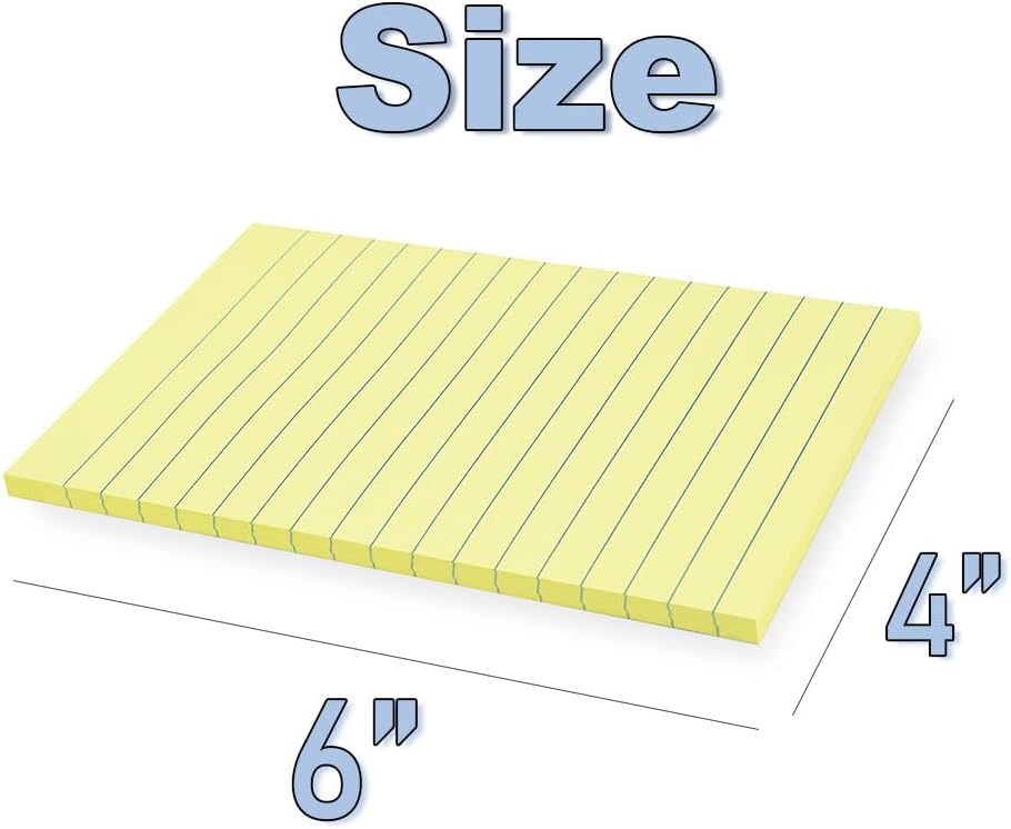 (12 Pack) Lined Sticky Notes 4x6 in,Yellow Large Notepads with Lines