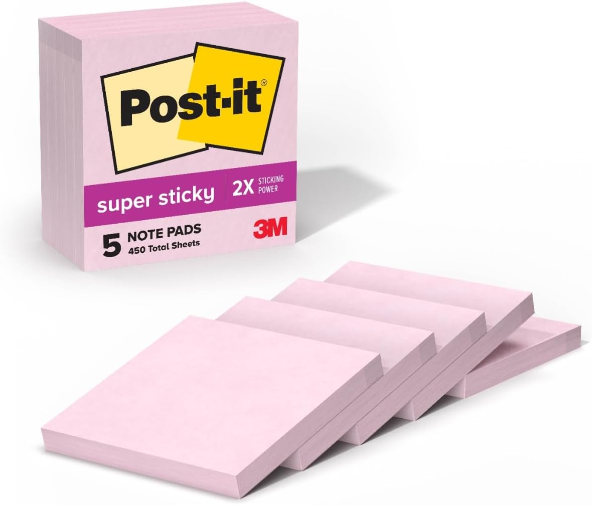Post-it Super Sticky Notes, 3 x 3 in, Pink Salt, 5 Pads, 90 Sheets/Pad