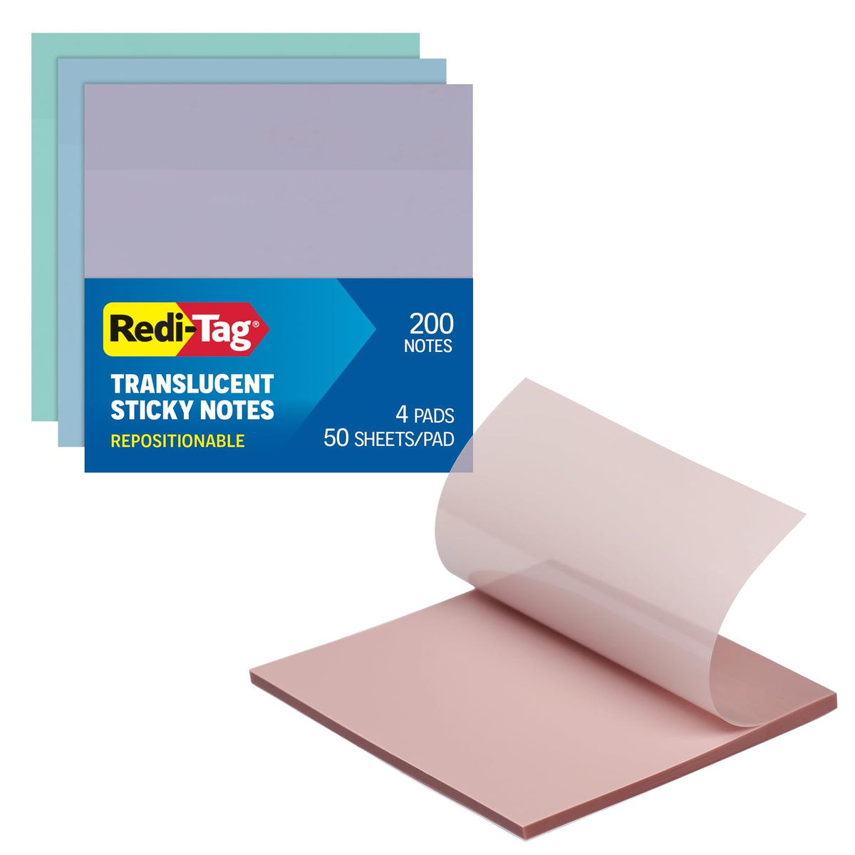 Redi-Tag Translucent Sticky Notes, Transparent Self-Stick Notes, 3" x 3", 4 Pads, 50 Notes Per Pad, 200 Sheets (1006596)
