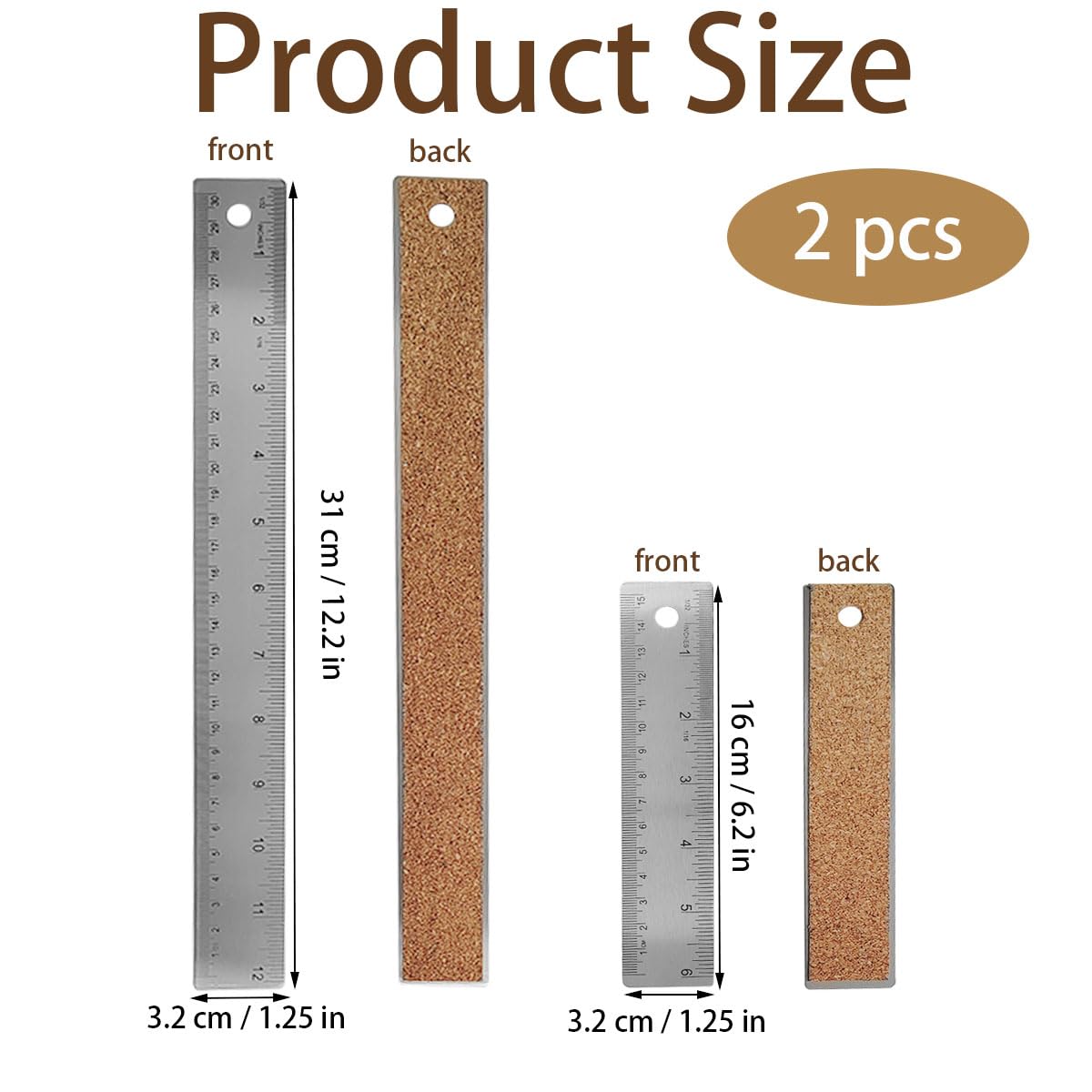 6-Inch and 12-Inch Stainless Steel Metal Ruler with Non-Slip Cork Backing