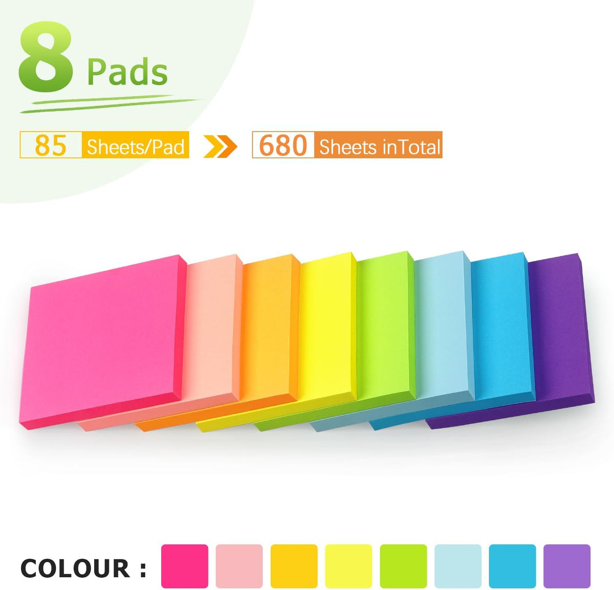 Sticky Notes 3x3 in, Bright Colors Self-Stick Pads, 8 Pads, 85 Sheets/Pad