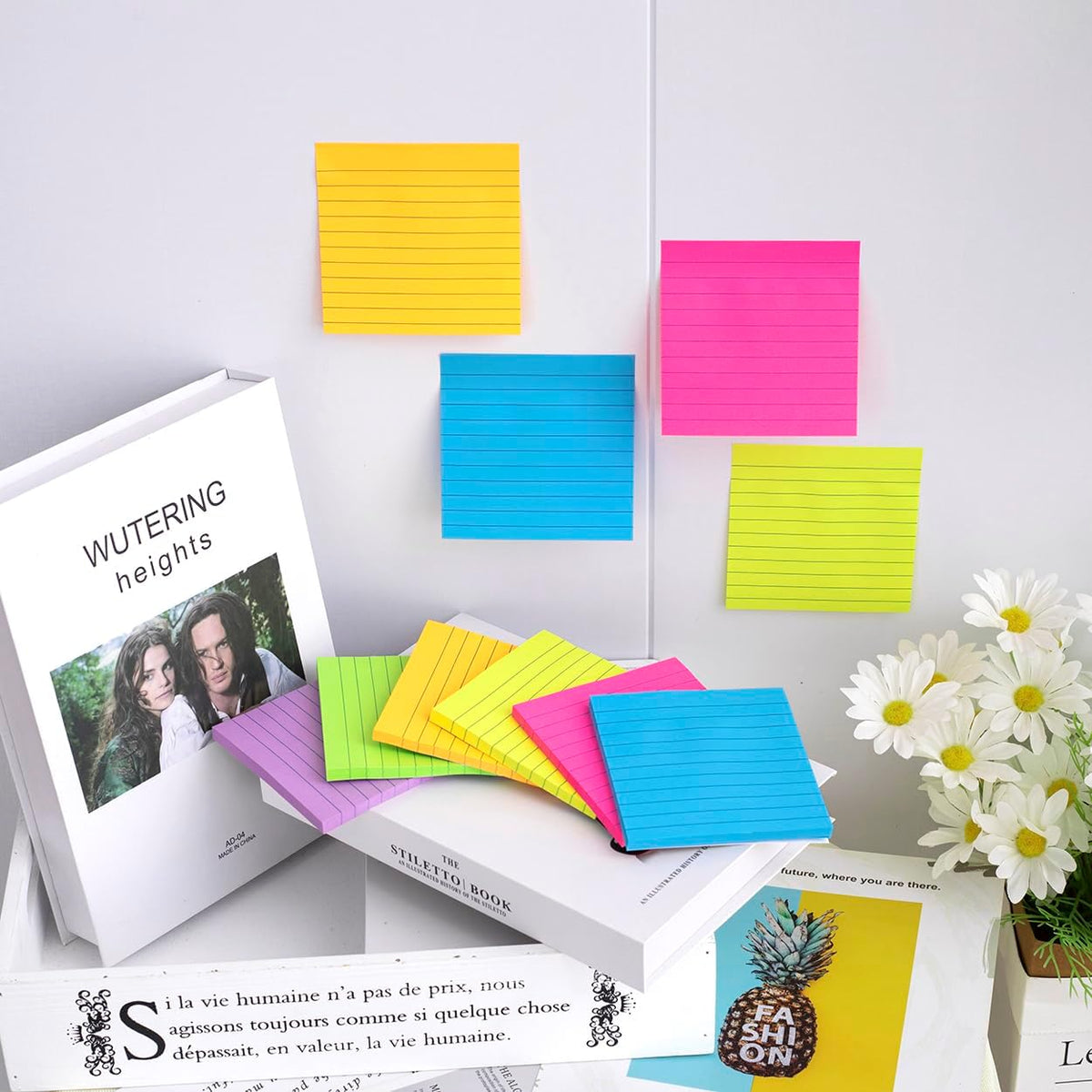 (12 Pads) Lined Sticky Notes 4x4 in, 6 Bright Colors Self-Stick Note Pads