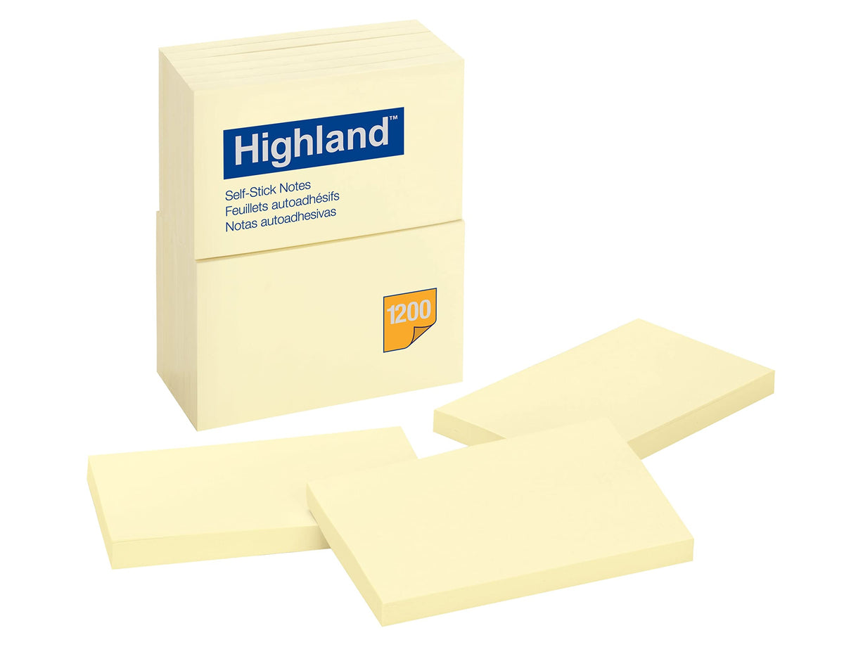 Highland Self-Stick Notes, 3" x 5", Yellow, 100 Sheets/Pad, 12 Pads/Pack