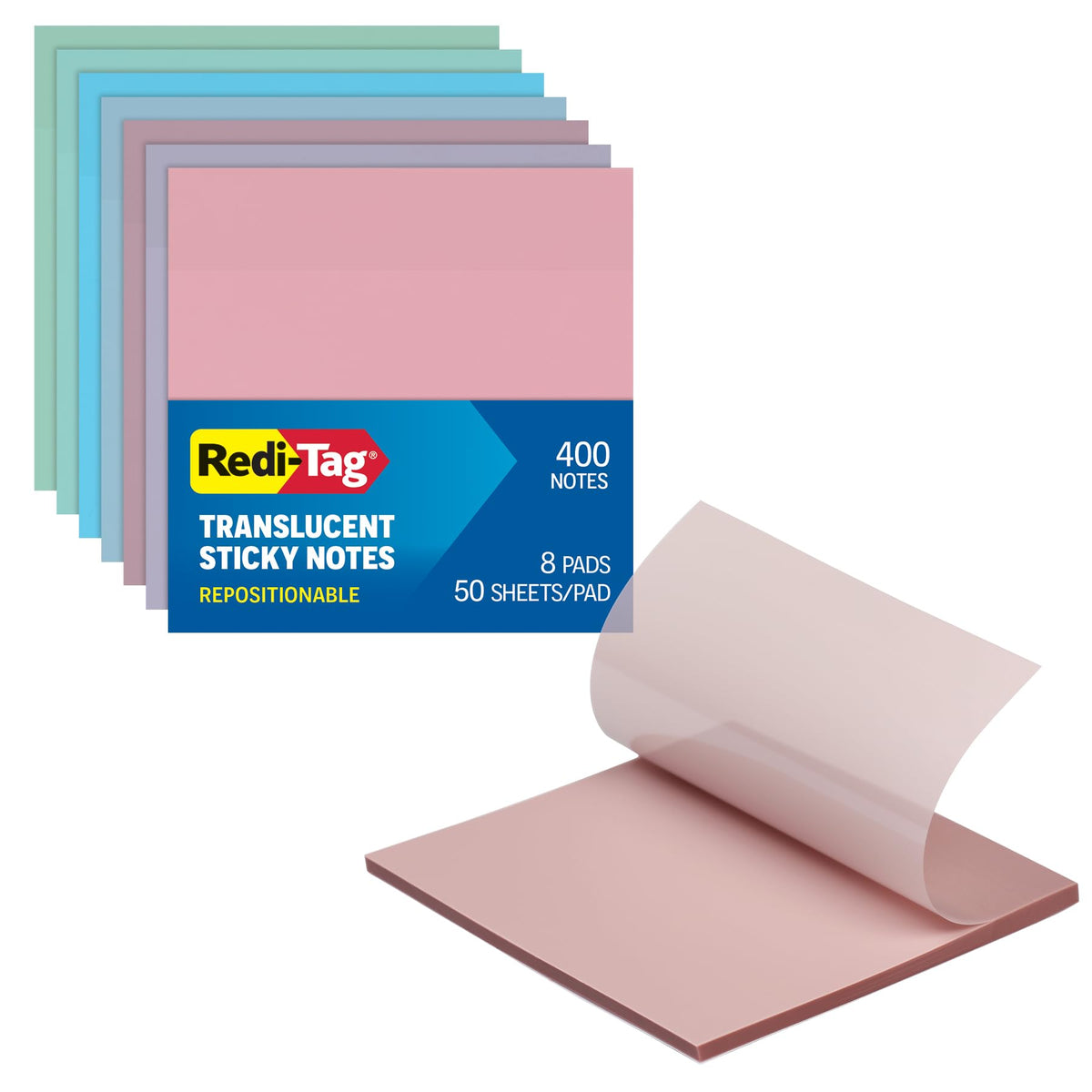 Redi-Tag Translucent Sticky Notes, Transparent Self-Stick Notes, 3" x 3", 4 Pads, 50 Notes Per Pad, 200 Sheets (1006596)