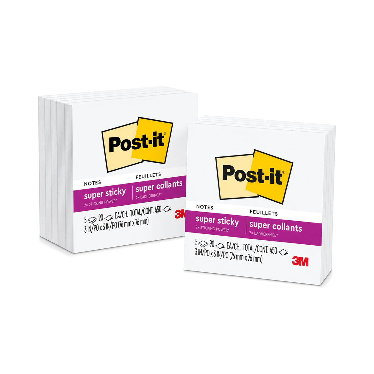 Post-it Super Sticky Notes, 5 Sticky Note Pads, 3 x 3 in., School Supplies, Office Products, for Vertical Surfaces, Monitors, Walls and Windows, First Snow White