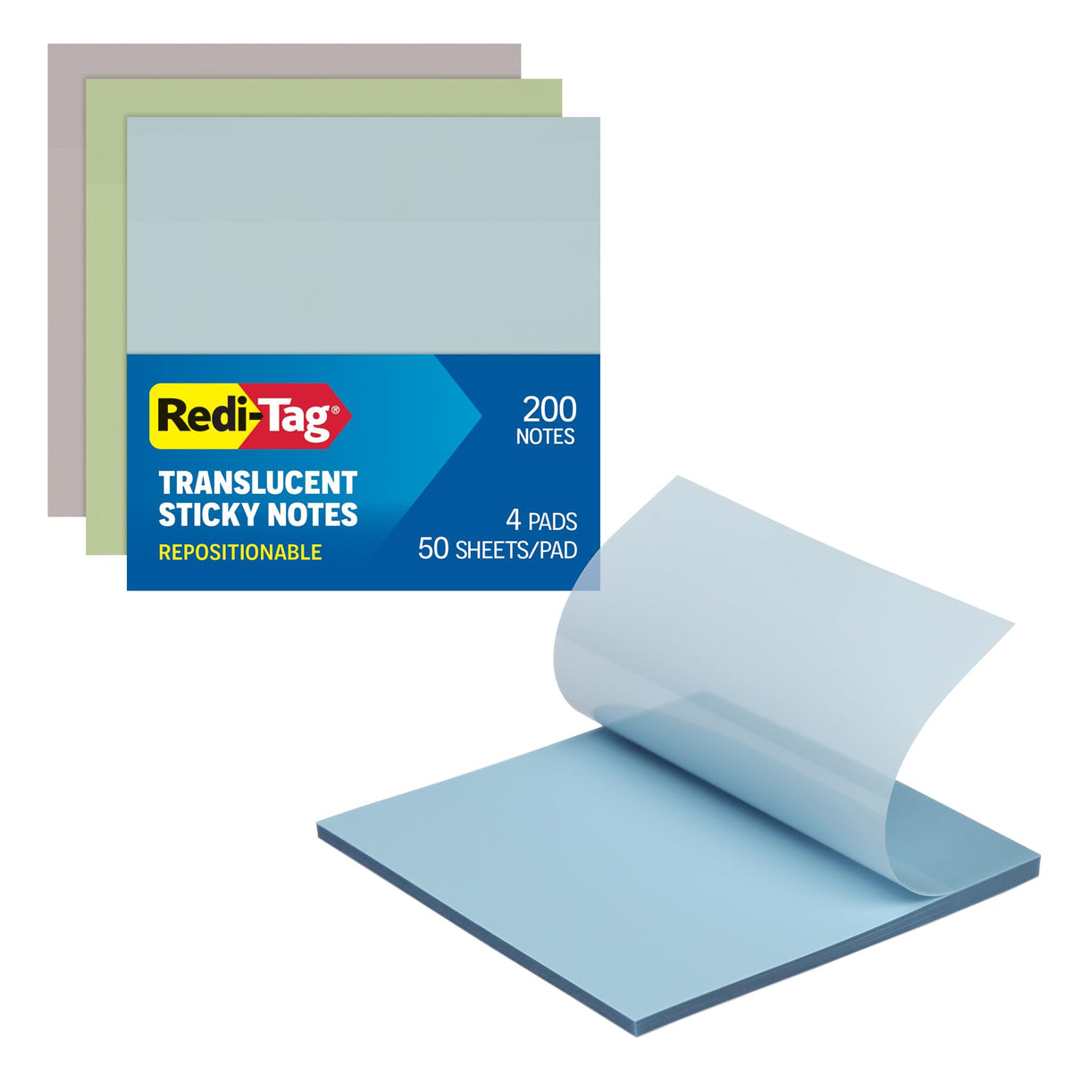 Redi-Tag Translucent Sticky Notes, Transparent Self-Stick Notes, 3" x 3", 4 Pads, 50 Notes Per Pad, 200 Sheets (1006596)