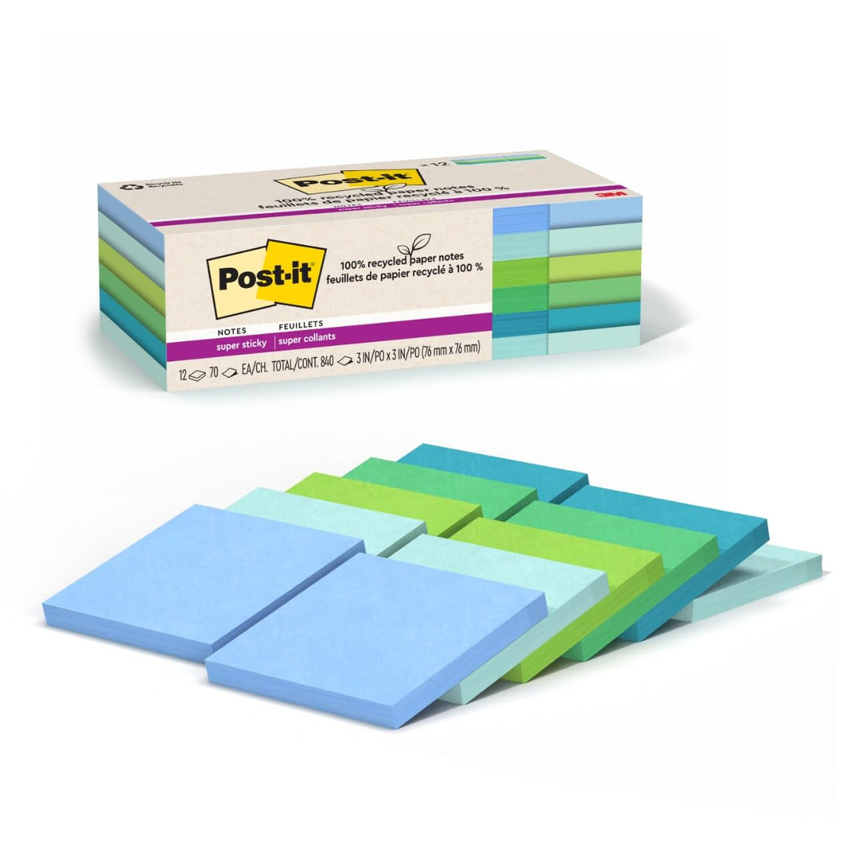 Post-it 100% Recycled Super Sticky Notes, 3 x 3 in, Pastels, 5 Pads