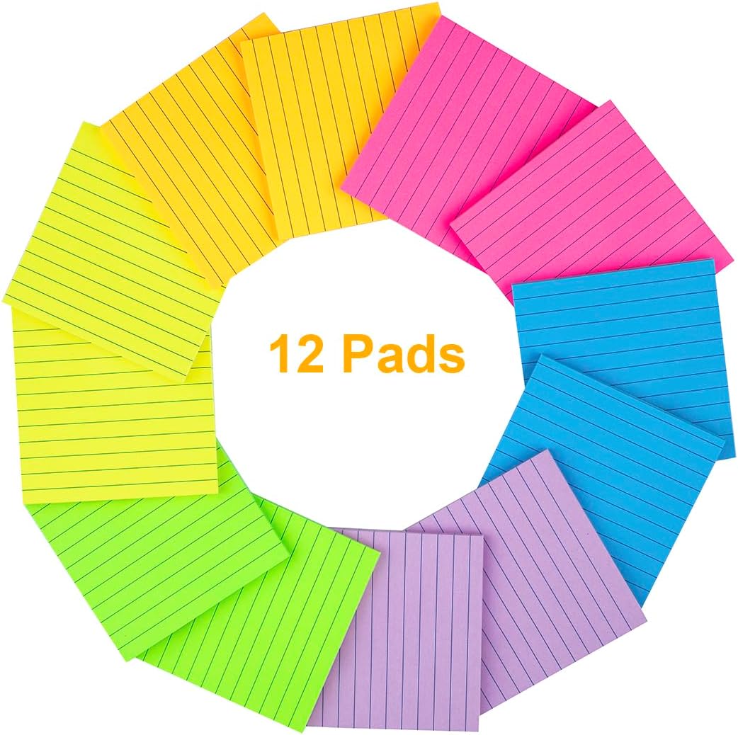 (12 Pads) Lined Sticky Notes 4x4 in, 6 Bright Colors Self-Stick Note Pads