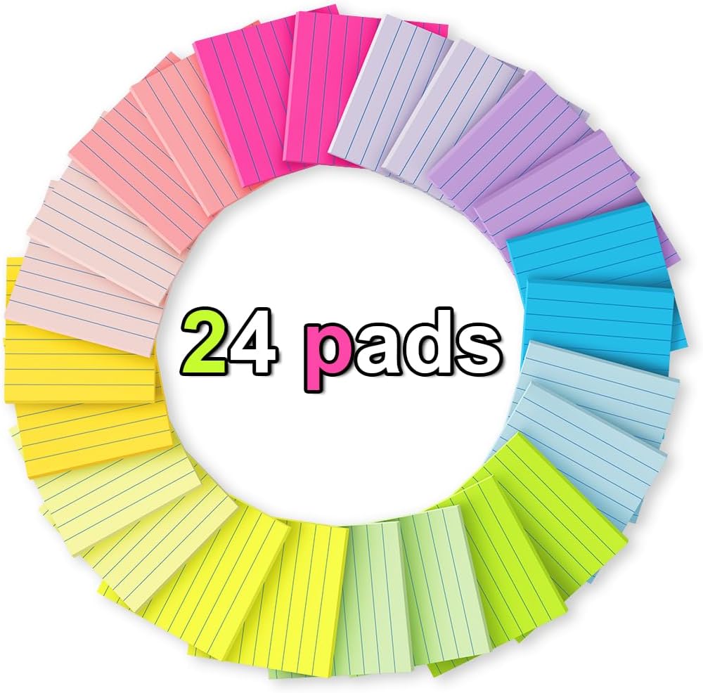 (24 Pack) Lined Sticky Notes 3x3 in,Bright Notepads with Lines