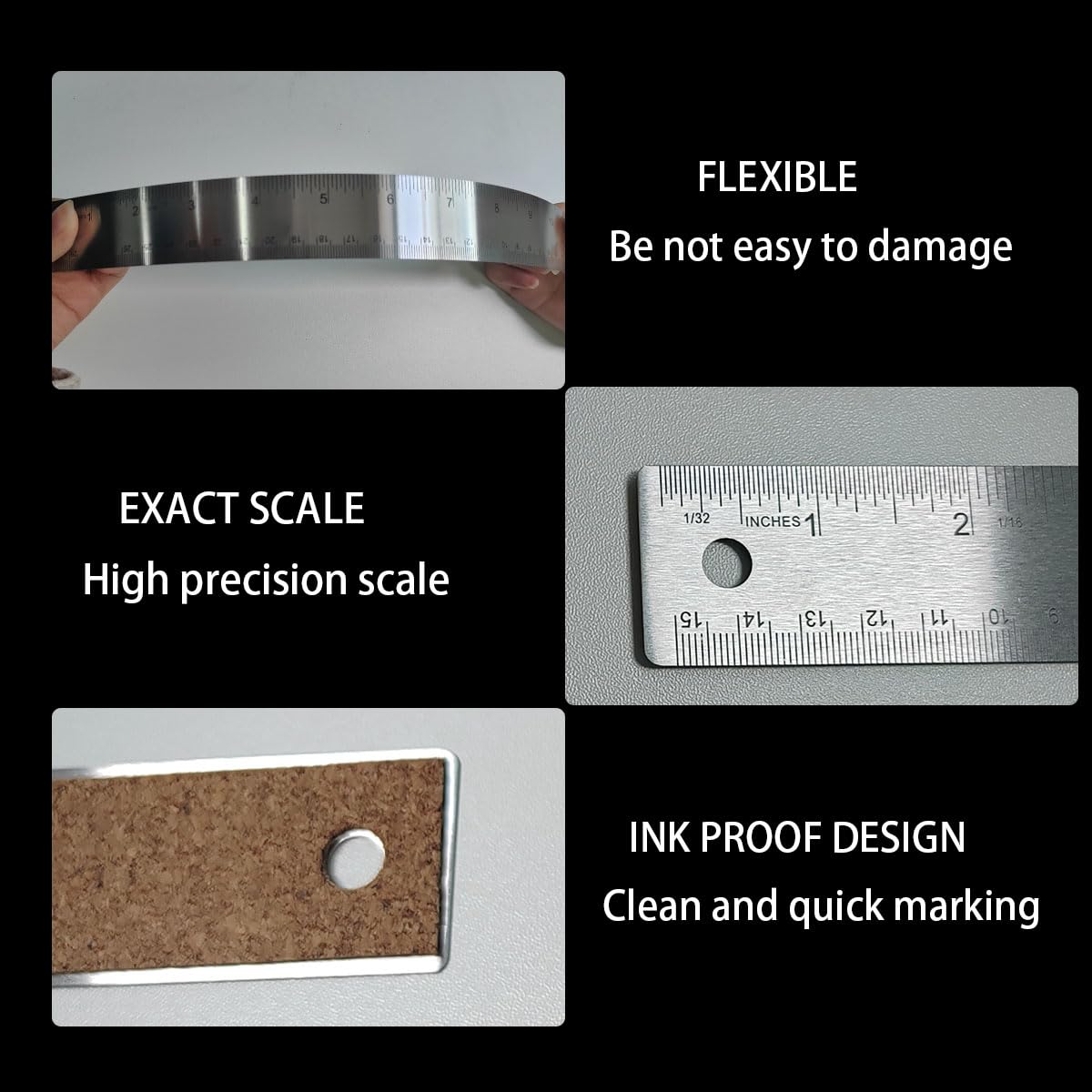 6-Inch and 12-Inch Stainless Steel Metal Ruler with Non-Slip Cork Backing