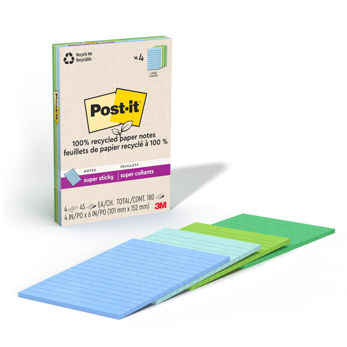 Post-it 100% Recycled Paper Super Sticky Notes, Lined, 4 in. x 6 in., 4 Pads, 45 Sheets per Pad, Wanderlust Pastels, School Supplies and Office Products