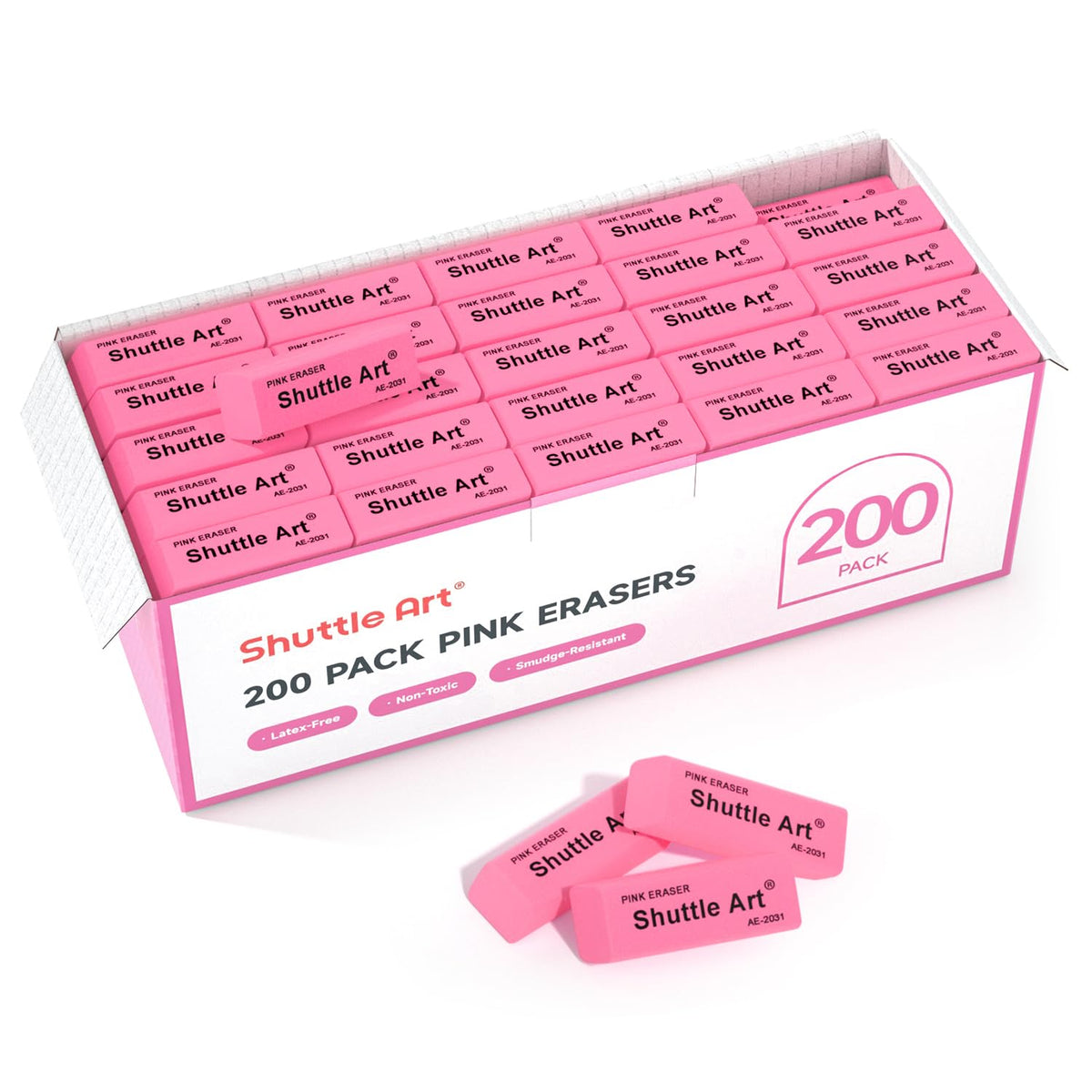 Shuttle Art Pink Erasers, 200 Pack Bulk for School, Office, Latex-Free Soft Erasers for Kids, Teachers as School Supplies