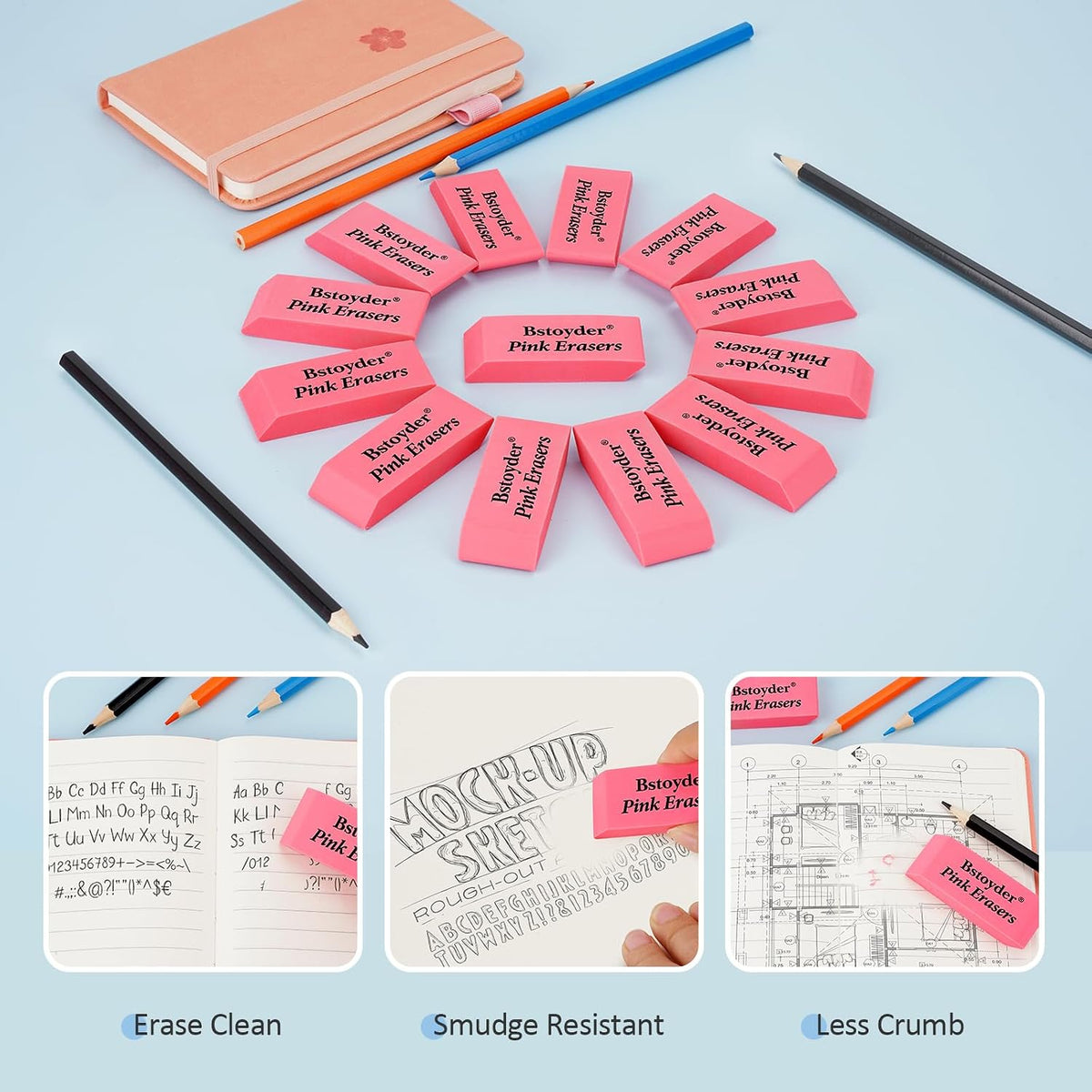 Pink Erasers Bulk, 100 Pack Rubber Pencil Erasers Bulk for School/Office, Latex-Free Smudge-Free Soft Bevel Erasers for Students, Bulk School Supplies for Classrooms, Teachers, Home, Office, Art Class
