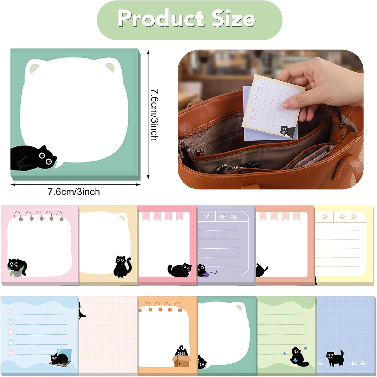 BESARME 24 Pads Black Cat Sticky Notes, 3 x 3 in, 840 Sheets