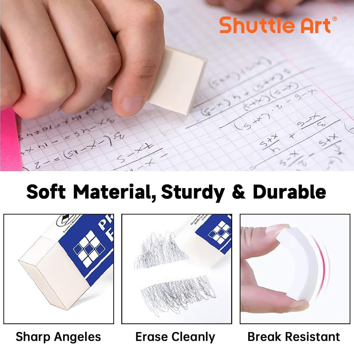 Erasers, Shuttle Art 72 Pack Premium Erasers Bulk, White Eraser Classroom Set for Kids Teachers as School and Office Supplies