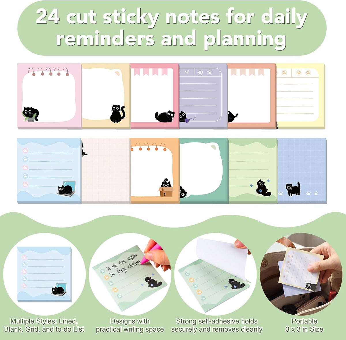 BESARME 24 Pads Black Cat Sticky Notes, 3 x 3 in, 840 Sheets
