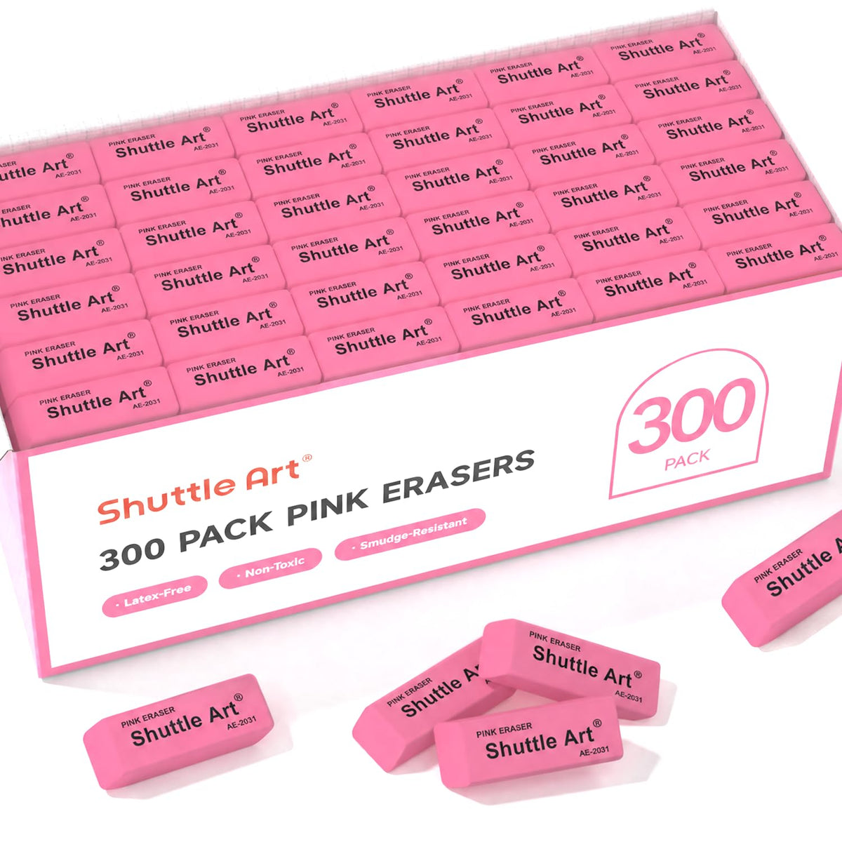 Shuttle Art Pink Erasers, 200 Pack Bulk for School, Office, Latex-Free Soft Erasers for Kids, Teachers as School Supplies