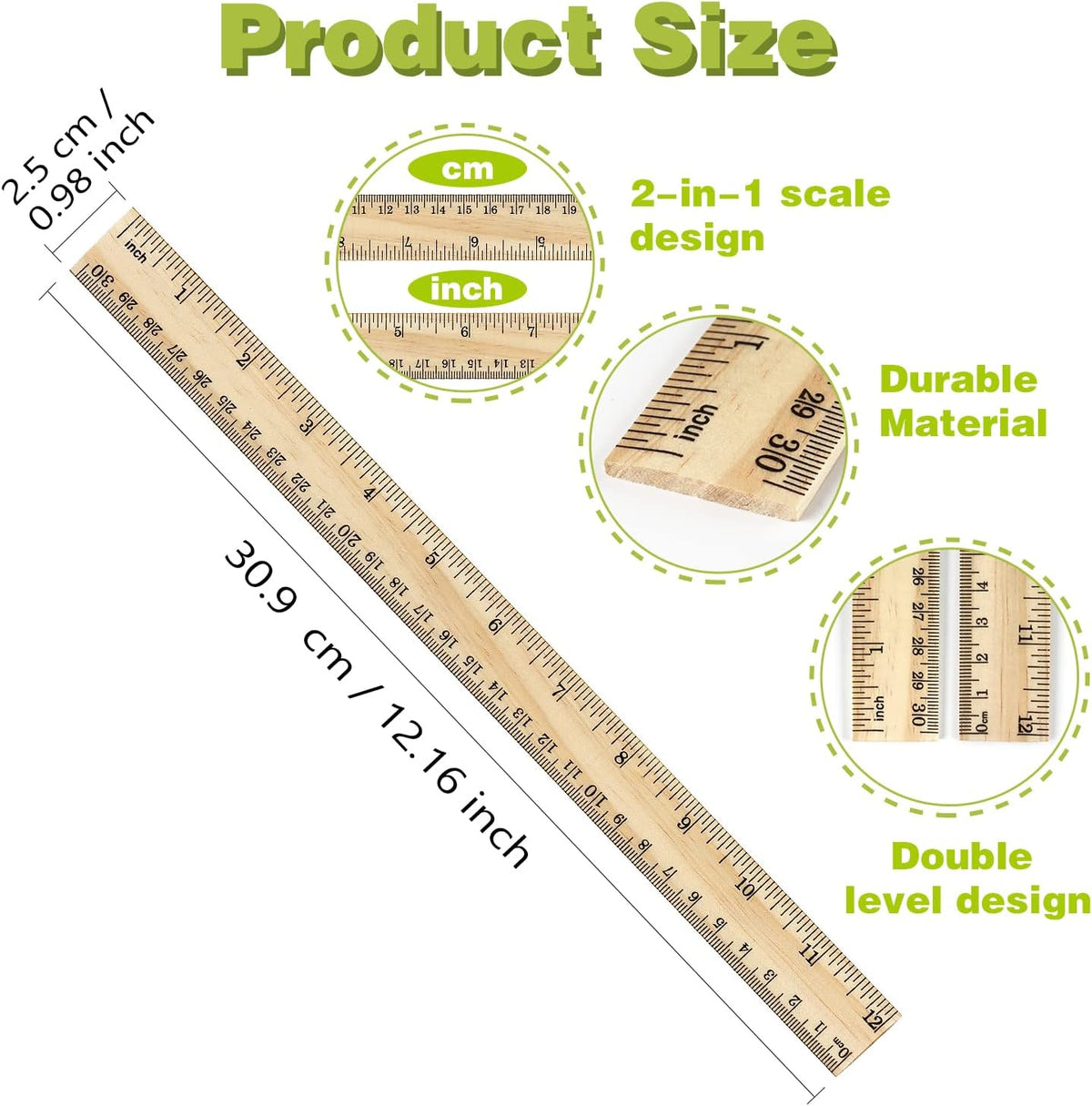 ZZTX 3 Pack Wooden Ruler 12 Inch(30 cm)