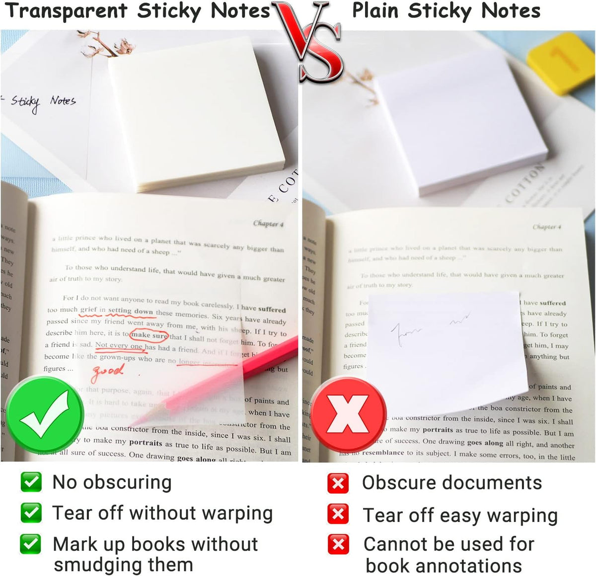 Transparent Sticky Notes - 3x3 inch Clear Sticky Notes Waterproof Self-Adhesive Translucent Sticky Note Pads for Books Annotation, See Through Sticky Note (200 Sheets)