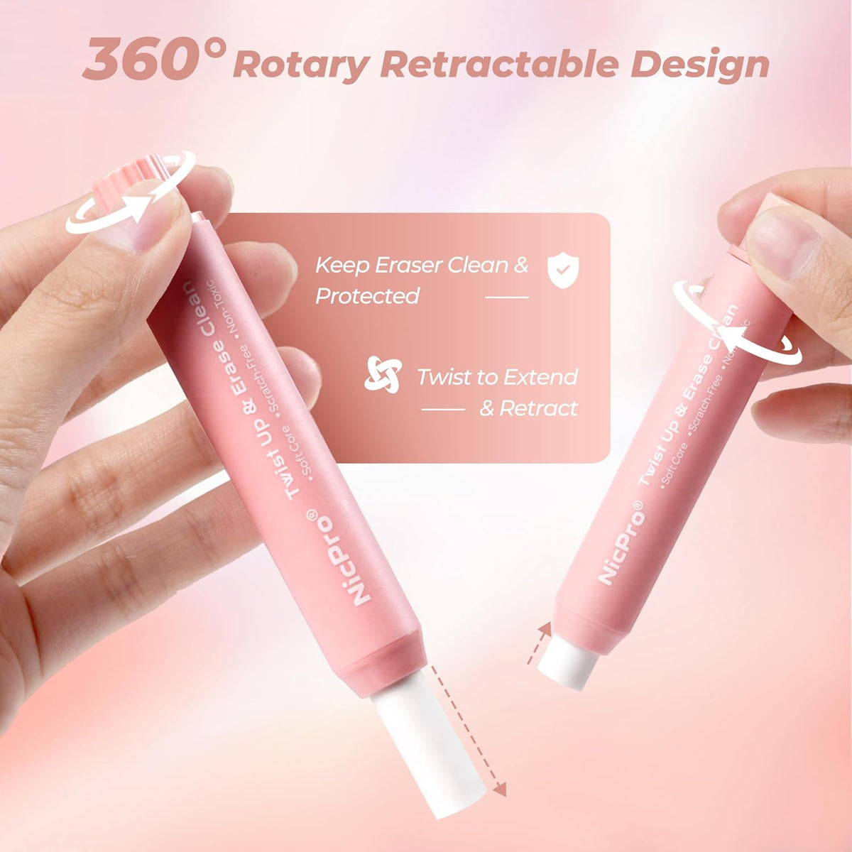 Nicpro 6 Pack Rotary Retractable Erasers, Soft TPE Rubber Twist Eraser
