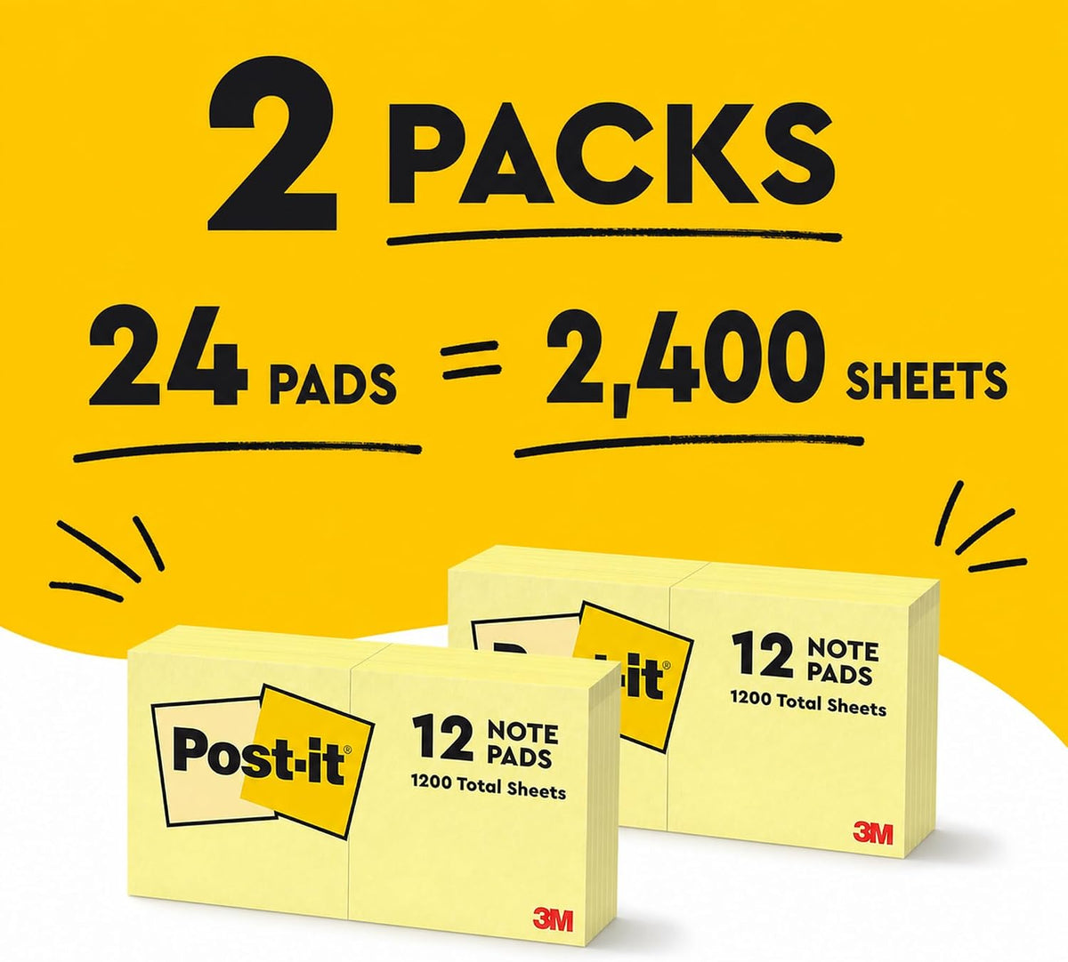 Post-it Sticky Notes 654, Canary Yellow, 3x3 in, 2 Pack, 24 Pads