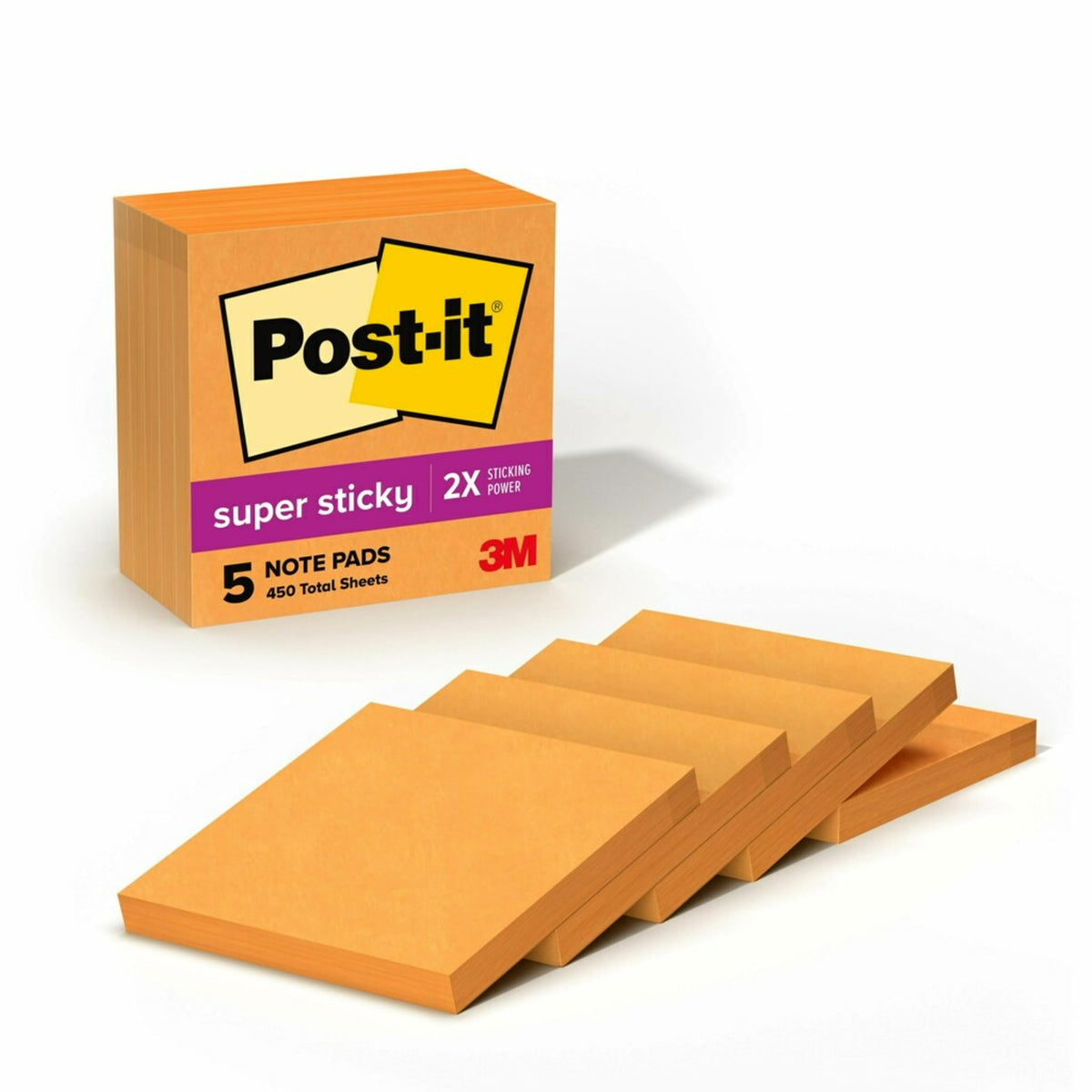 Post-it Super Sticky Notes, 3 x 3 in, Vital Orange, 5 Pads, 90 Sheets/Pad