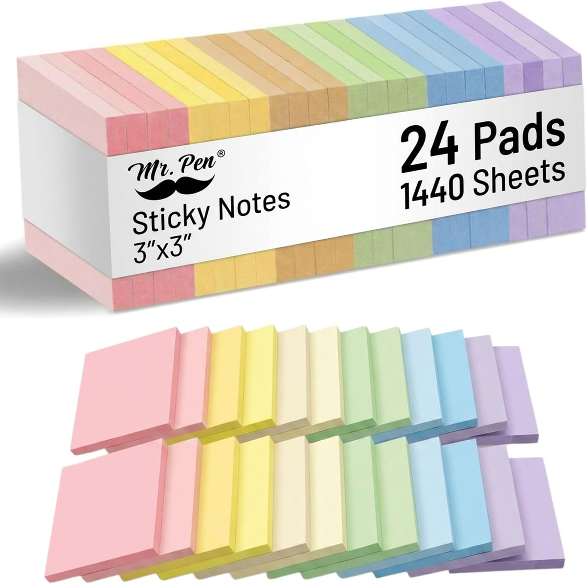 Mr. Pen- Sticky Notes, 3"x3", 24 Pads, 1440 Sheets, Pastel Colors