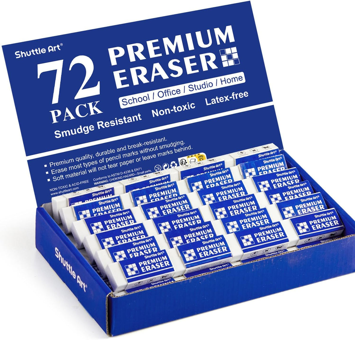 Erasers, Shuttle Art 72 Pack Premium Erasers Bulk, White Eraser Classroom Set for Kids Teachers as School and Office Supplies
