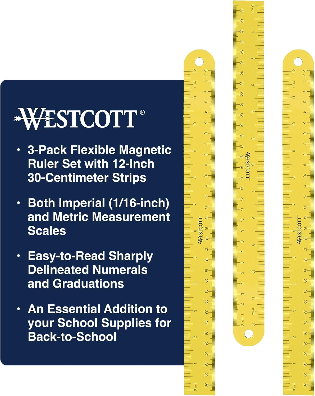 Westcott 12 inch Magnetic Flexible Rulers (3 Pack), Yellow, for School, Office, Crafts and DIY, Measuring Tools for Students and Adults