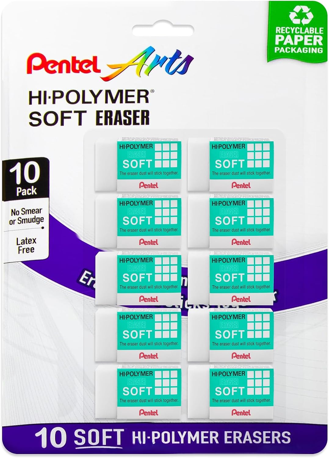 Pentel Clean Eraser, No Mess- No Residue, Hi-Polymer Soft Erasers for Pencils - White - 10 Pack - for Art, Office, and School use (10)