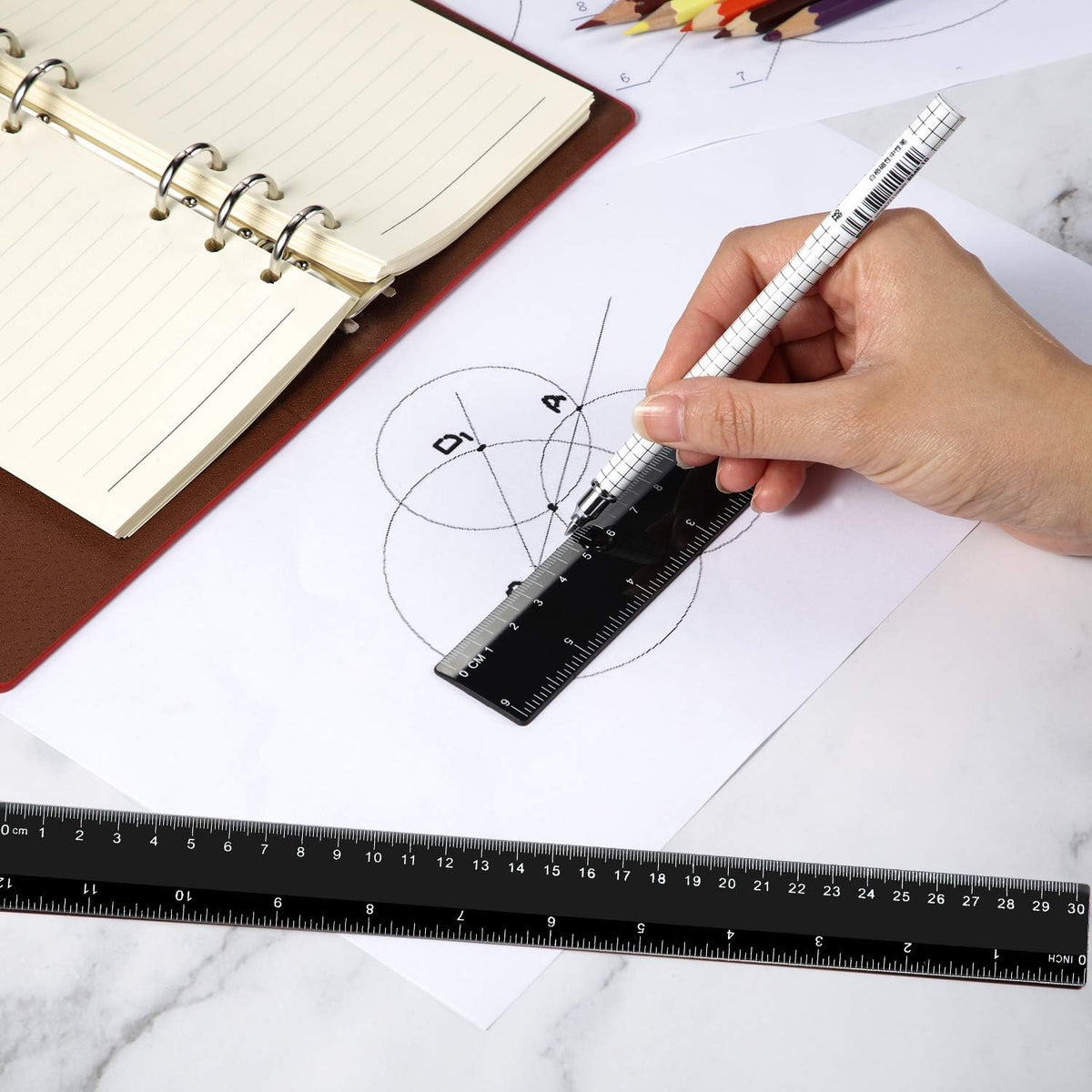 eBoot Plastic Ruler Straight Ruler Plastic Measuring Tool 12 Inches and 6 Inches, 2 Pieces (Black)