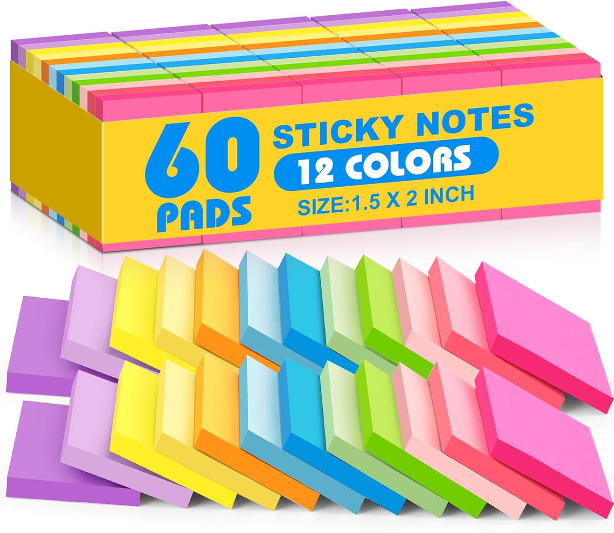 (60 Pack) Sticky Notes 1.5x2 in, 12 Bright Colors Self-Stick Note Pads