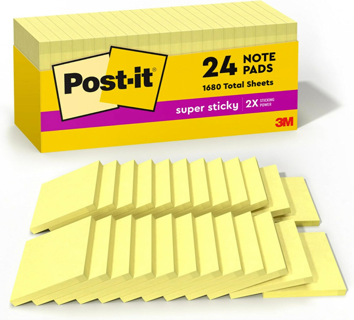 Post-it Super Sticky Notes, 3 x 3 in, Canary Yellow, 24 Pads, 90 Sheets/Pad