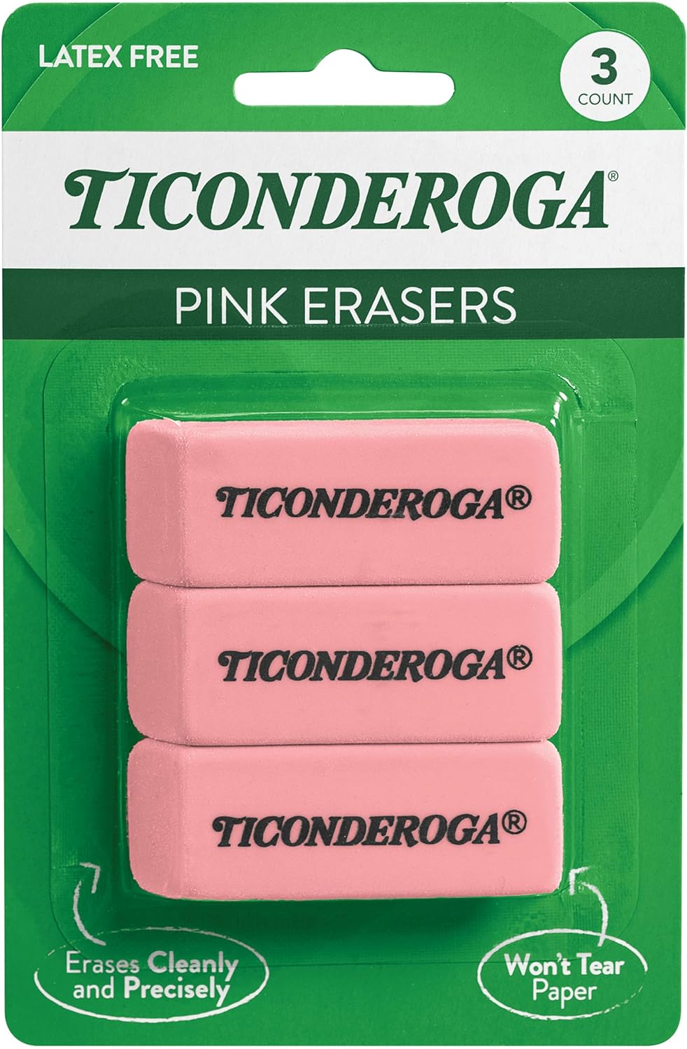 Ticonderoga Wedge Erasers, Pink, 3 Count