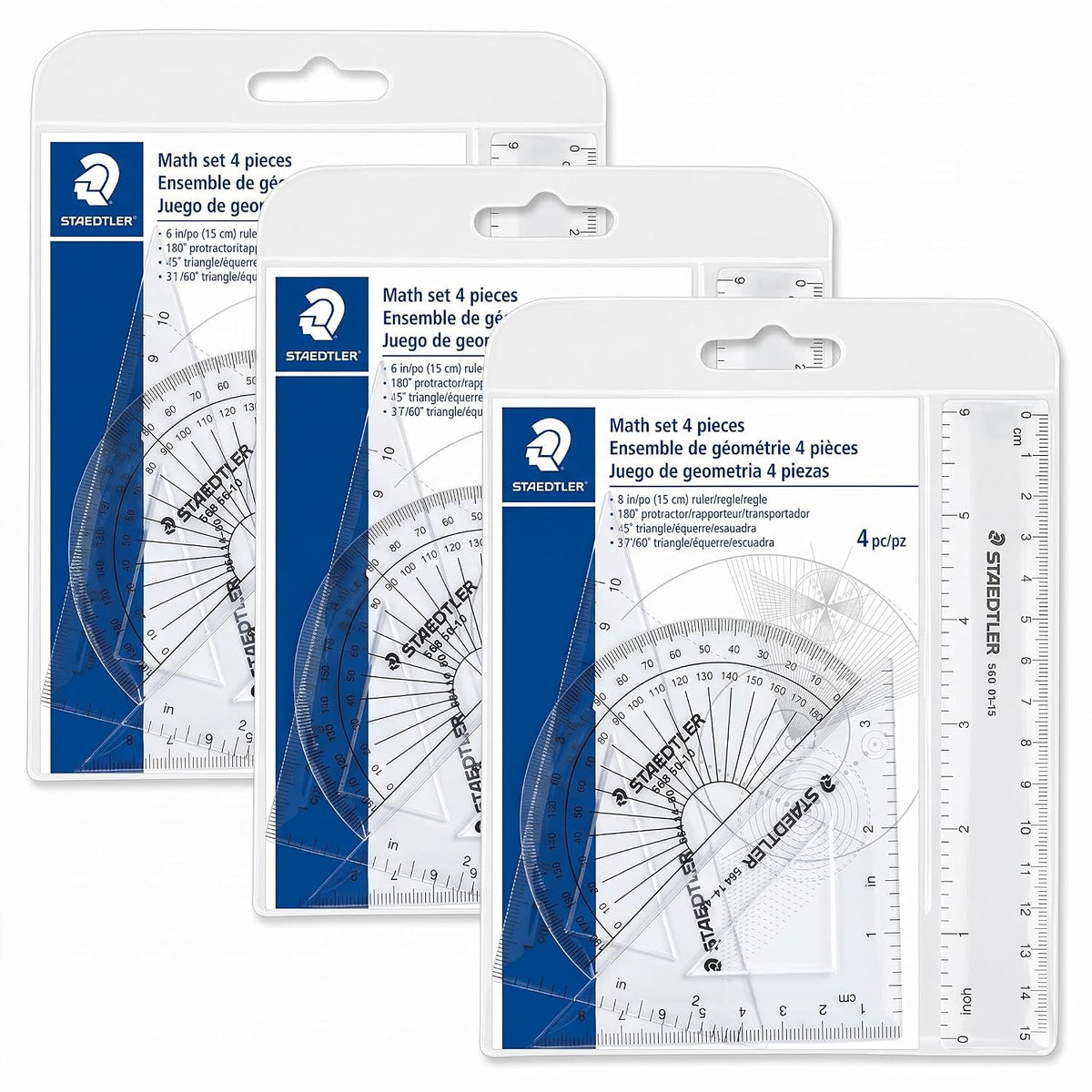 STAEDTLER Math Set - 4 pc Geometry Kit for Students - School Supplies with Clear Protractor, 6in Ruler & 2 Triangles – Metric & Imperial Scales