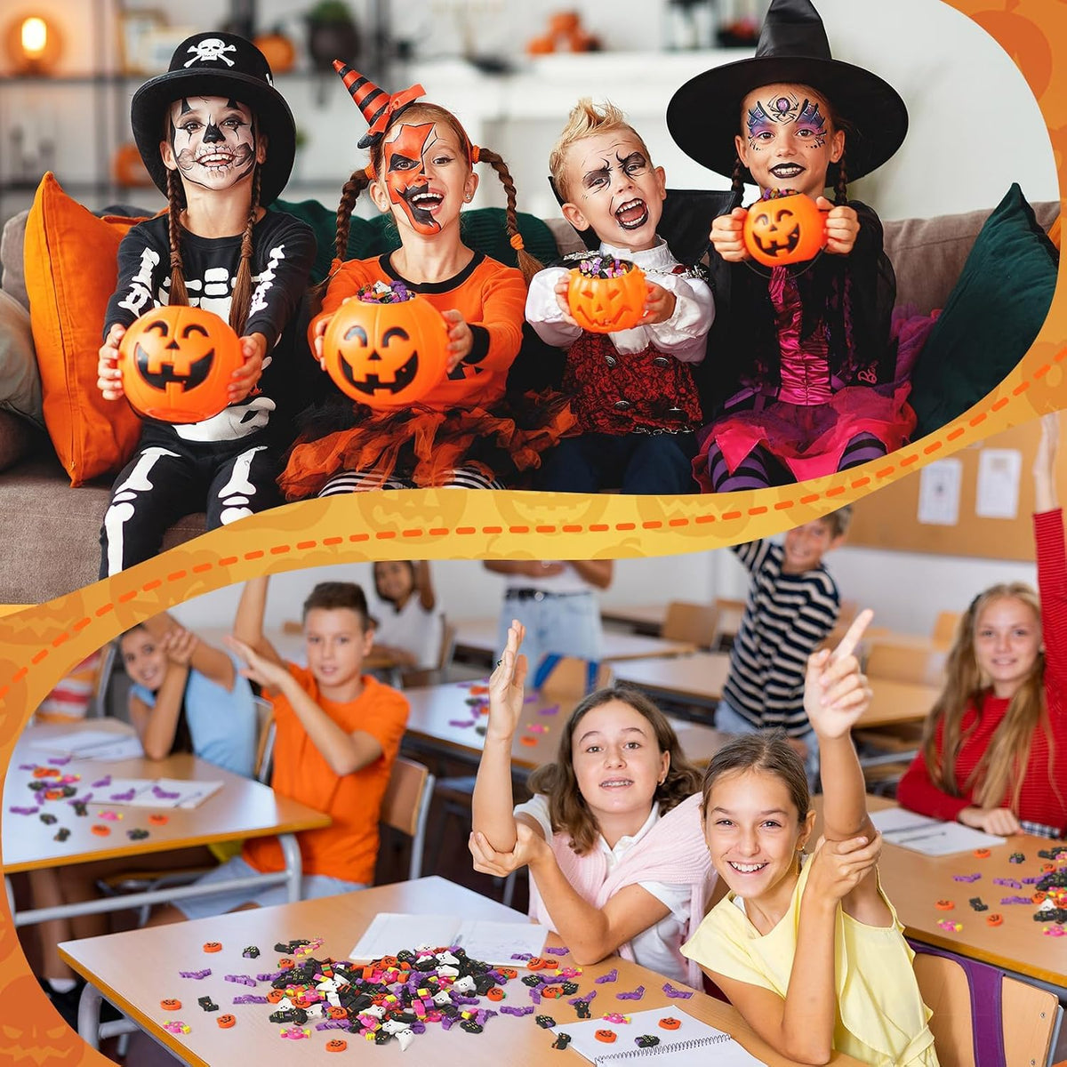 JUNEBRUSHS 300 Pcs Halloween Mini Erasers, Cute Bat Pumpkin Erasers Bulk