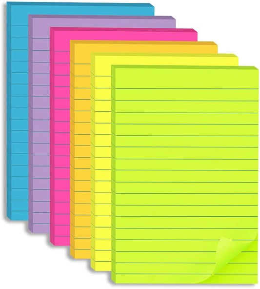 (6 Pack) Lined Sticky Notes 4x6 in,Bright Large Notepads with Lines