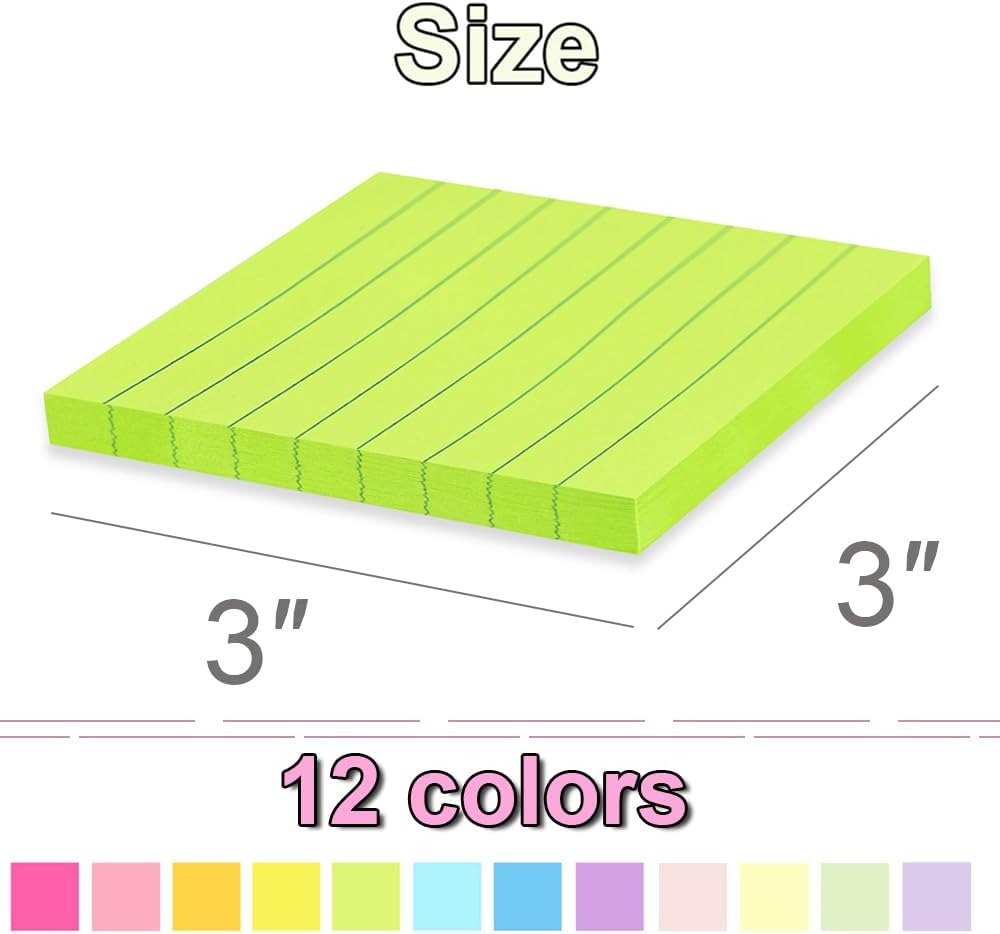 (24 Pack) Lined Sticky Notes 3x3 in,Bright Notepads with Lines