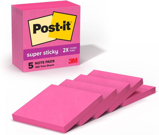 Post-it Super Sticky Notes, 3 x 3 in, Power Pink, 5 Pads, 90 Sheets/Pad