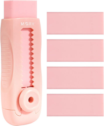 M&G 4+1 Pack Rubber Pink Erasers Sliding Retractable Eraser, Soft Cute Erasers Push Pull Large Pencil Erasers with Plastic Sleeve 4 Refill Eraser for School Students Kids Office Home Supplies