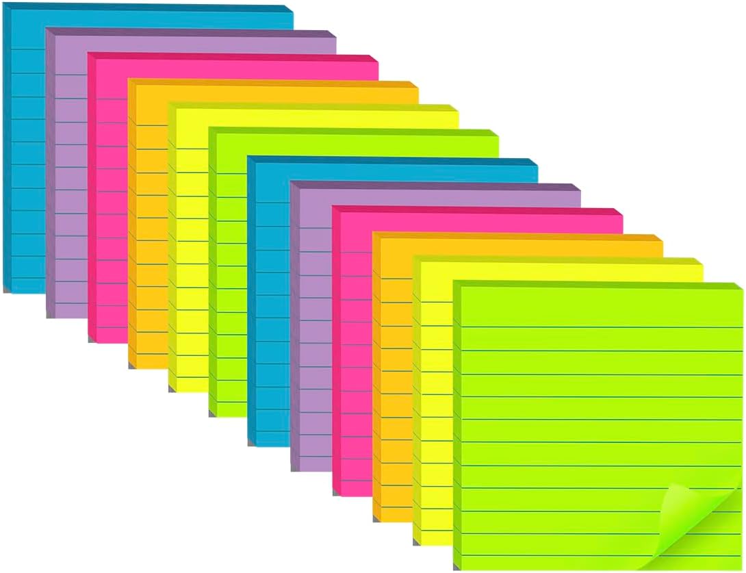 (12 Pads) Lined Sticky Notes 4x4 in, 6 Bright Colors Self-Stick Note Pads