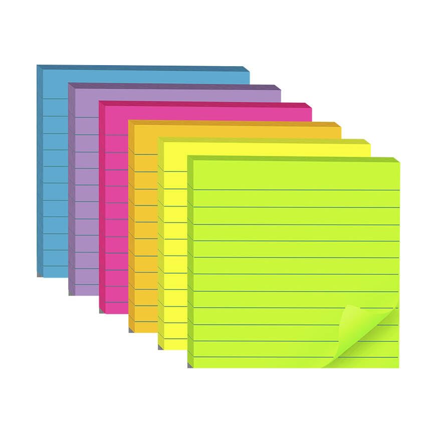 (12 Pads) Lined Sticky Notes 4x4 in, 6 Bright Colors Self-Stick Note Pads