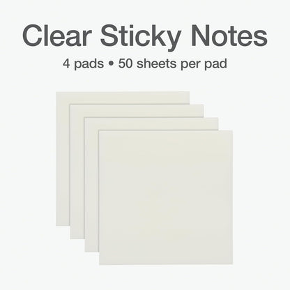 Redi-Tag Translucent Sticky Notes, Transparent Self-Stick Notes, 3" x 3", 4 Pads, 50 Notes Per Pad, 200 Sheets (1006596)