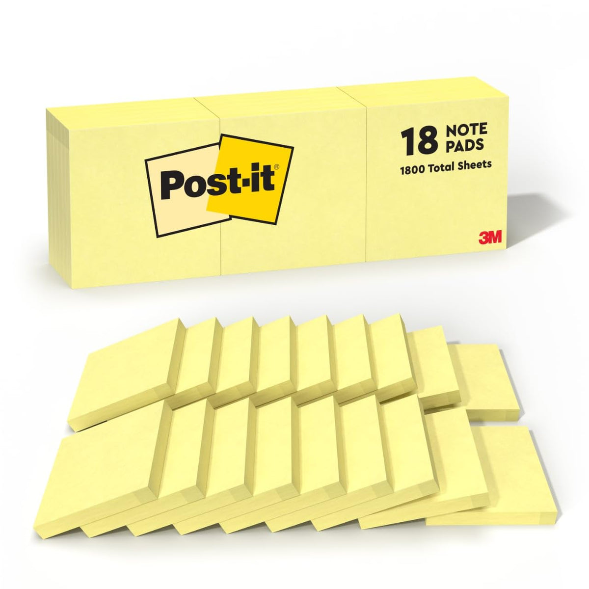 Post-it Notes, 3 x 3 in, The Iconic Canary Yellow Note, 18 Pads