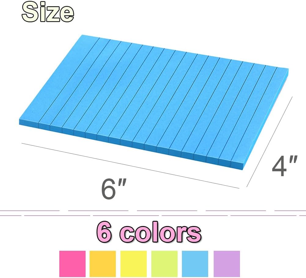 (6 Pack) Lined Sticky Notes 4x6 in,Bright Large Notepads with Lines