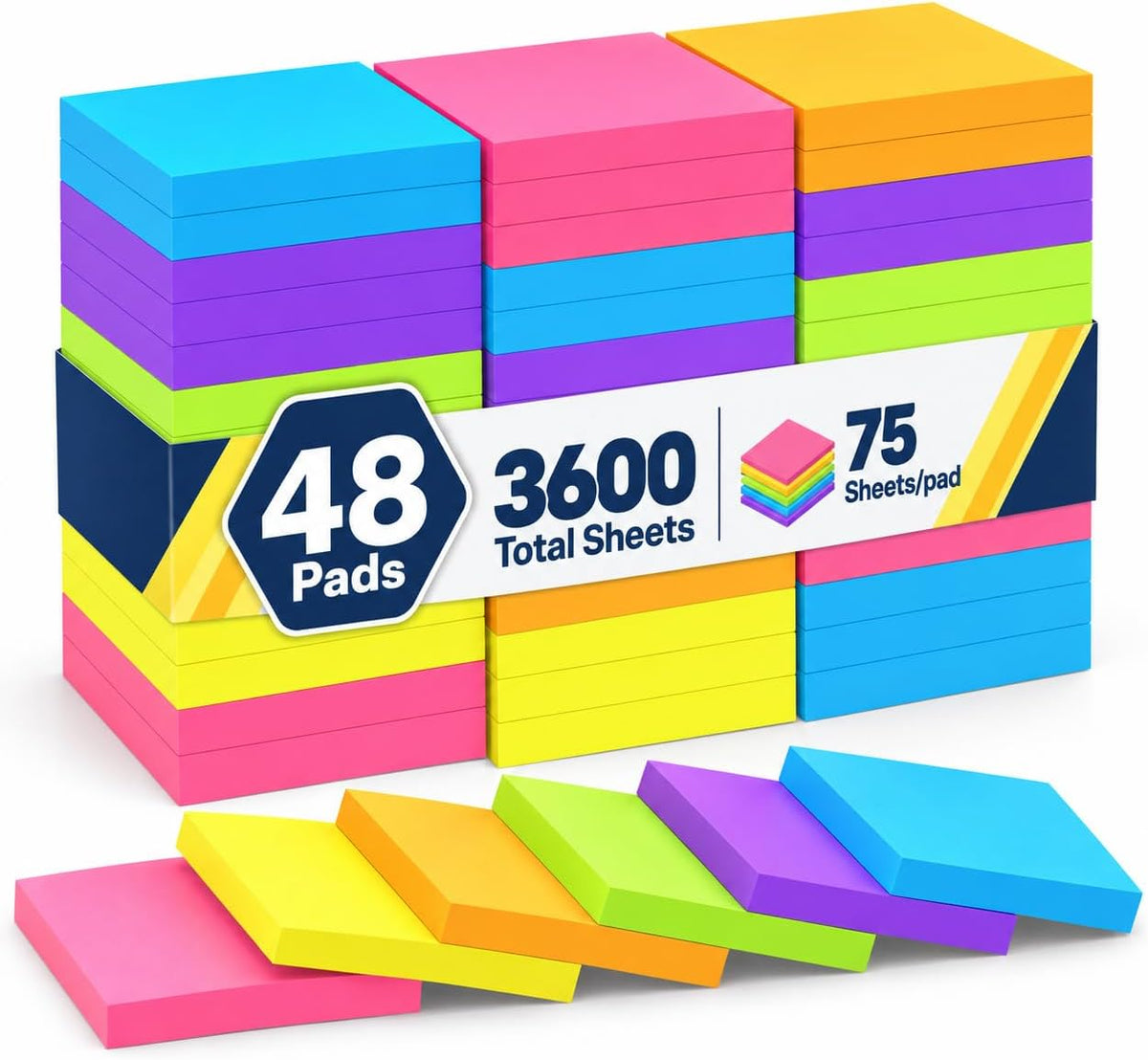 (3600 Sheets) Sticky Notes 3x3 Inch, 48 Pads, 75 Sheets/Pad, 6 Colors