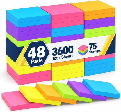(3600 Sheets) Sticky Notes 3x3 Inch, 48 Pads, 75 Sheets/Pad, 6 Colors