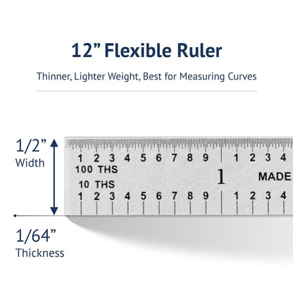 PEC Tools 12"/300mm Steel Rule, Slim & Flexible, Made in USA
