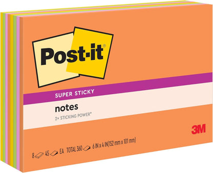 Post-it Super Sticky Notes, 6 x 4 in, Neon Fizz, 8 Pads, 45 Sheets/Pad